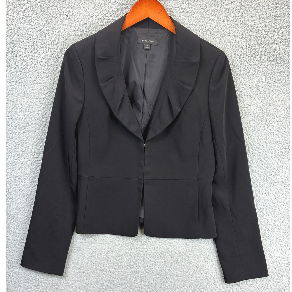 Ann Taylor Shawl Collar Blazer Jacket Womens 8 Black Ruffle Formal Office